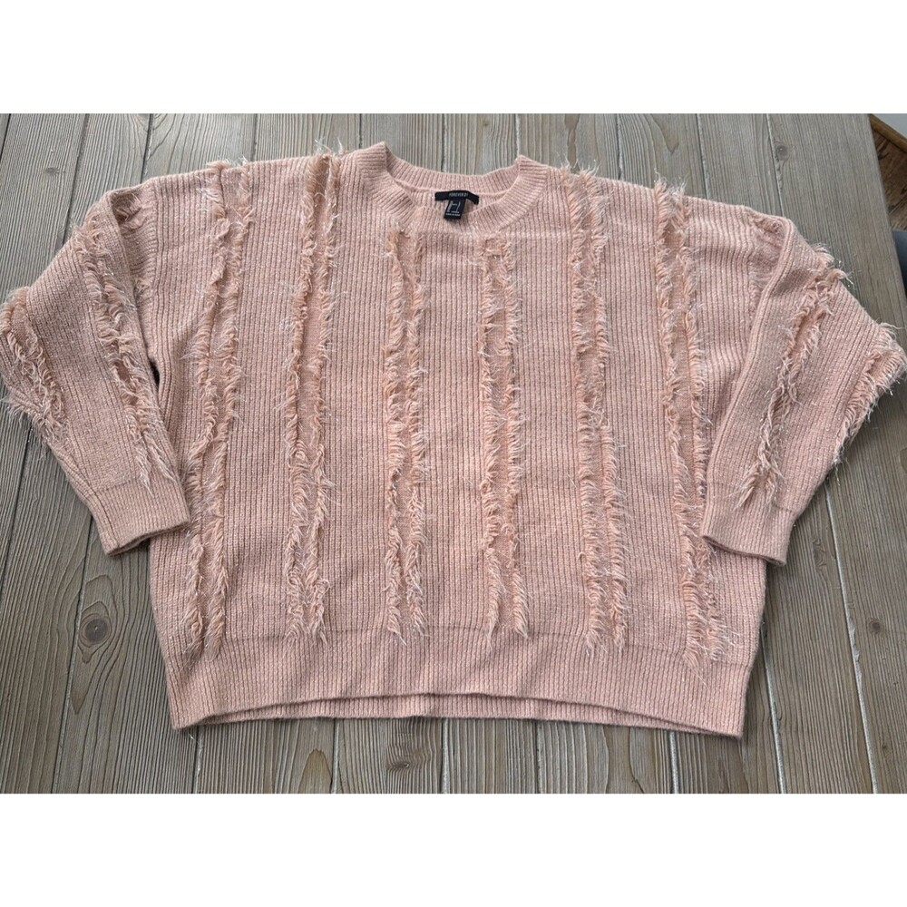 Women’s  Forever 21 Ribbed Fringe Knit Shimmer Chunky Sweater Top Blush Size L